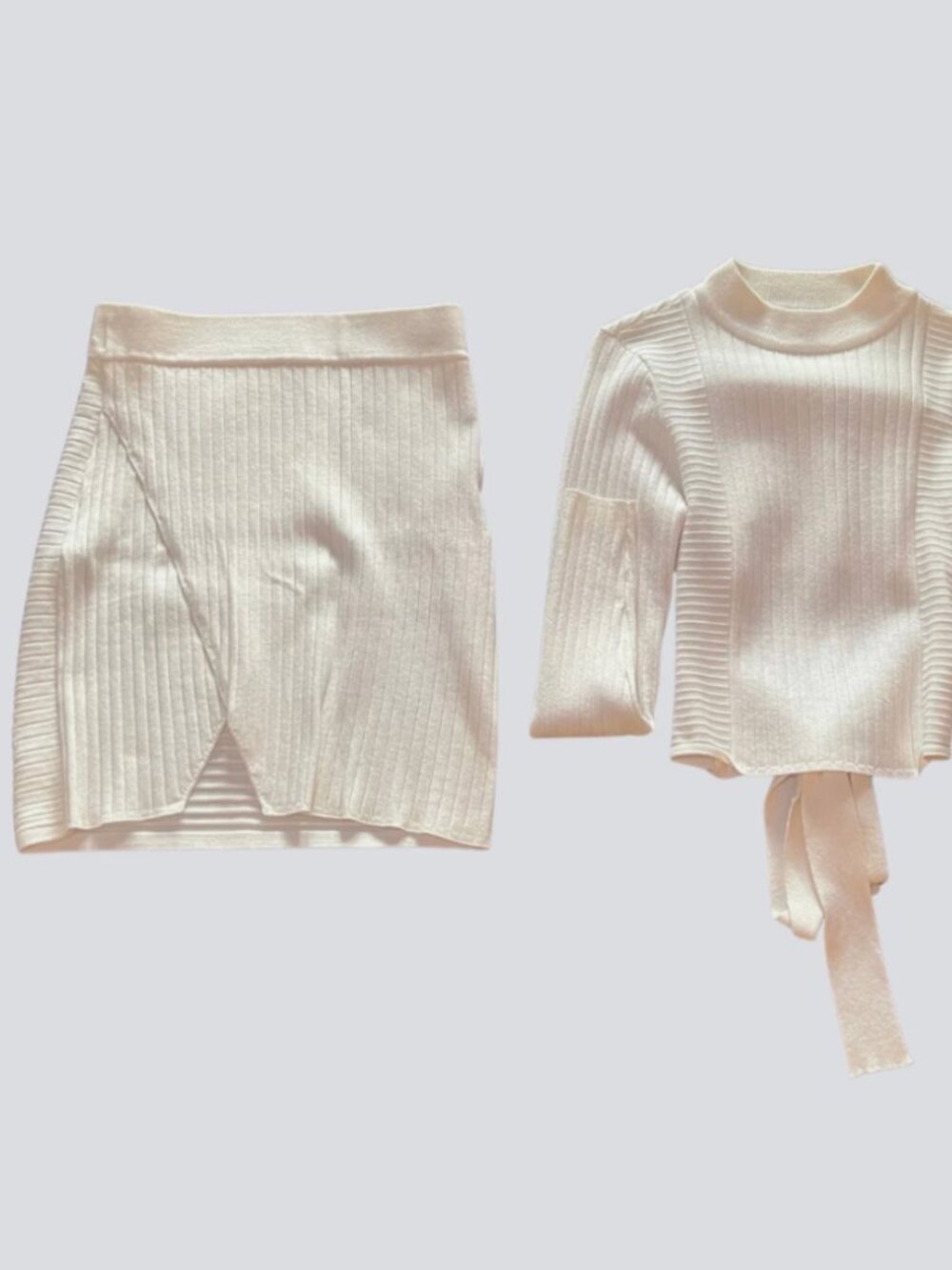 ASOS Cream Ribbed Mock Neck Knit 2 Piece Skirt Set Size 6